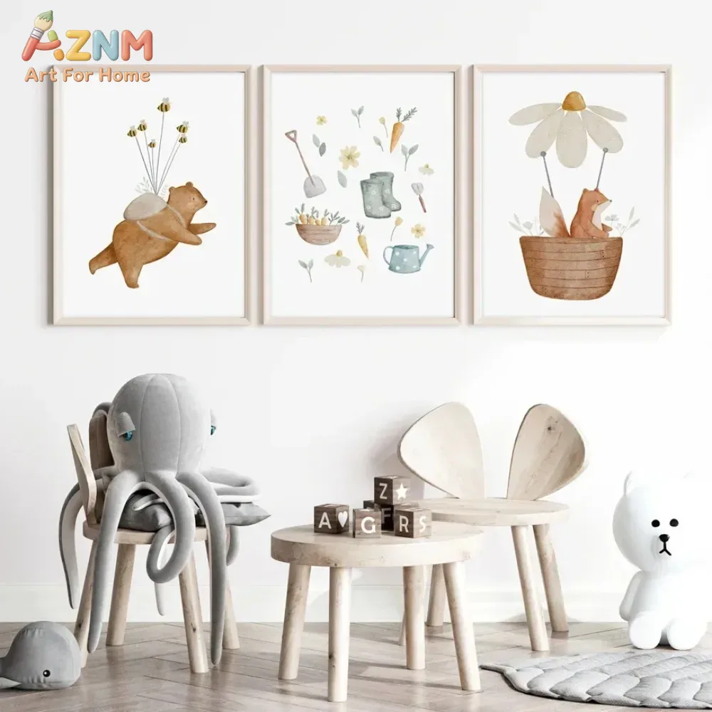 Baby Nursery Frames - AZNM Akwarelowy Niedźwiedź Lis Zwierzęta Obraz