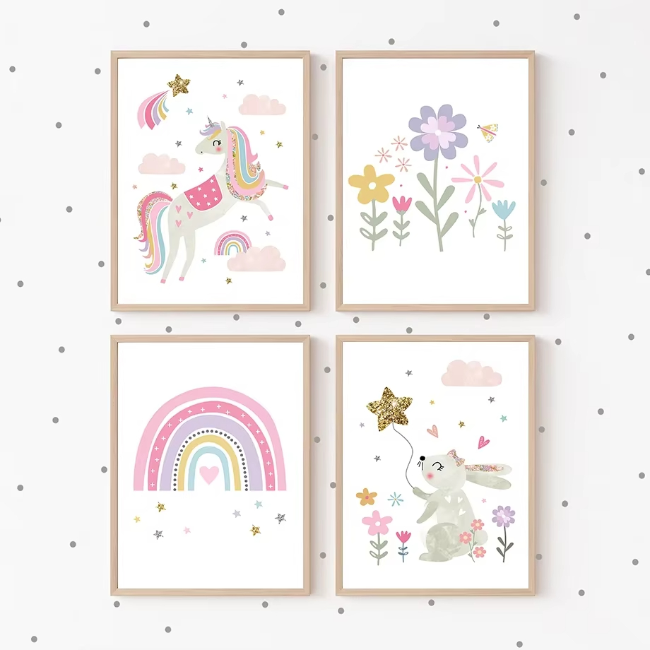 Baby Nursery Mirror - Różowy Jednorożec Królik Tęcza Chmura Kwiat