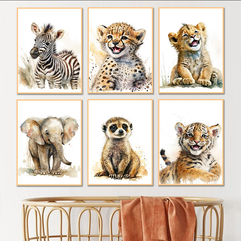 Baby Nursery Giraffe - Akwarelowe Zwierzęta Dziecięce Gepard Żyrafa Słoń