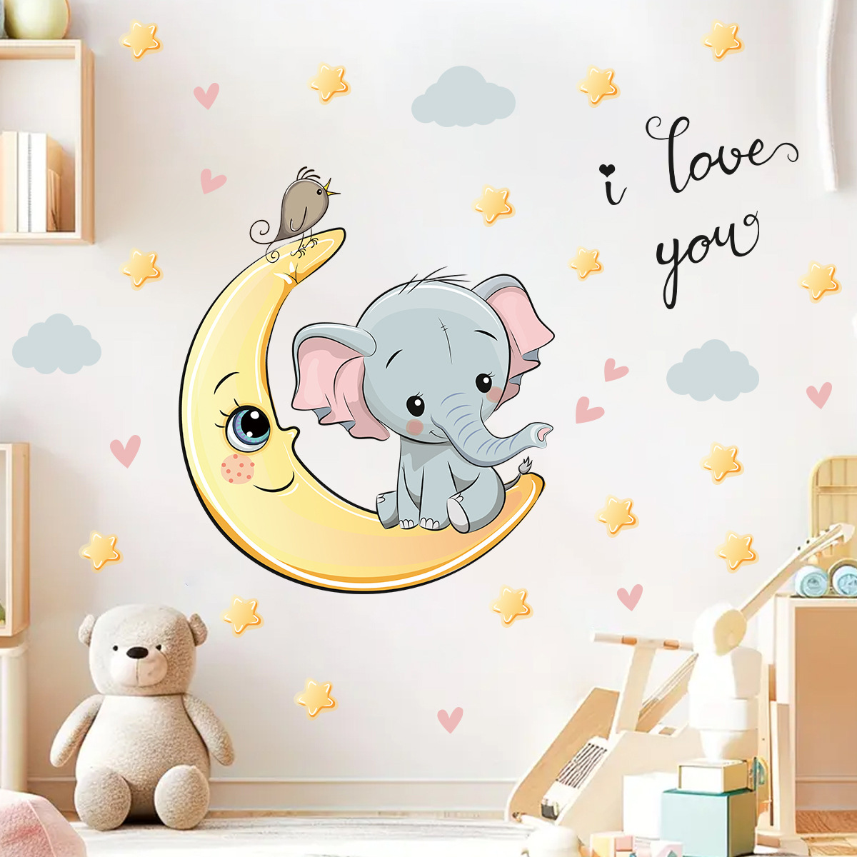 Baby Nursery Elephant - Kreskówka księżyc dobranoc słoń naklejki ścienne