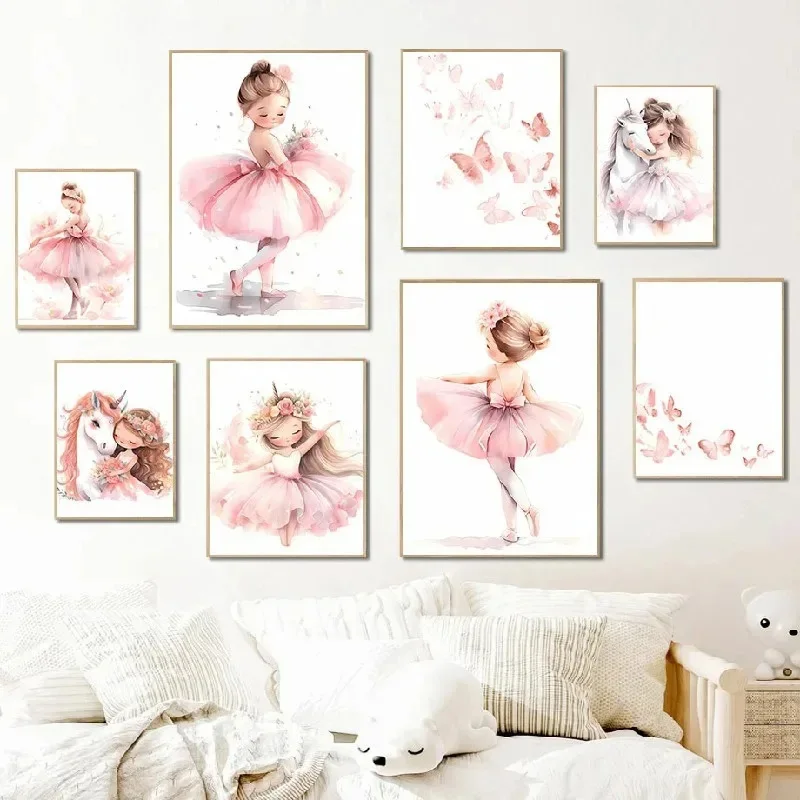 Baby Nursery Frames - Różowy Plakat z Baletniczką, Jednorożcem i