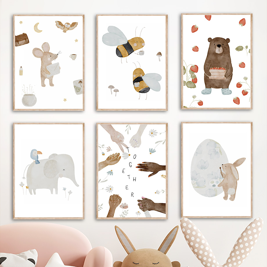 Baby Nursery Elephant - Boho Zwierzęta Przyjaciele Słoń Królik Niedźwiedź