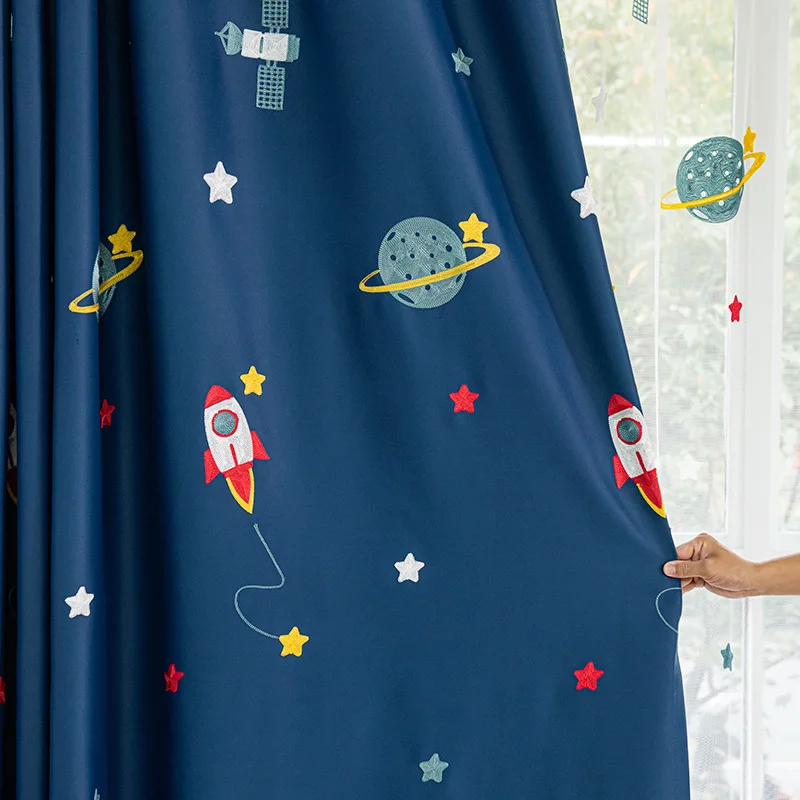 Blackout Curtain Nursery - Granatowe Cartoon rakieta statek kosmiczny zasłony