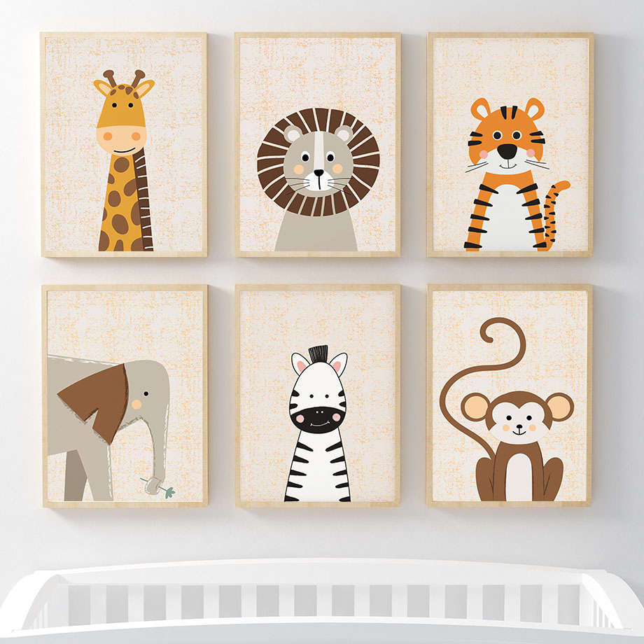 Baby Nursery Giraffe - Lew Żyrafa Słoń Zebra Małpa Obraz