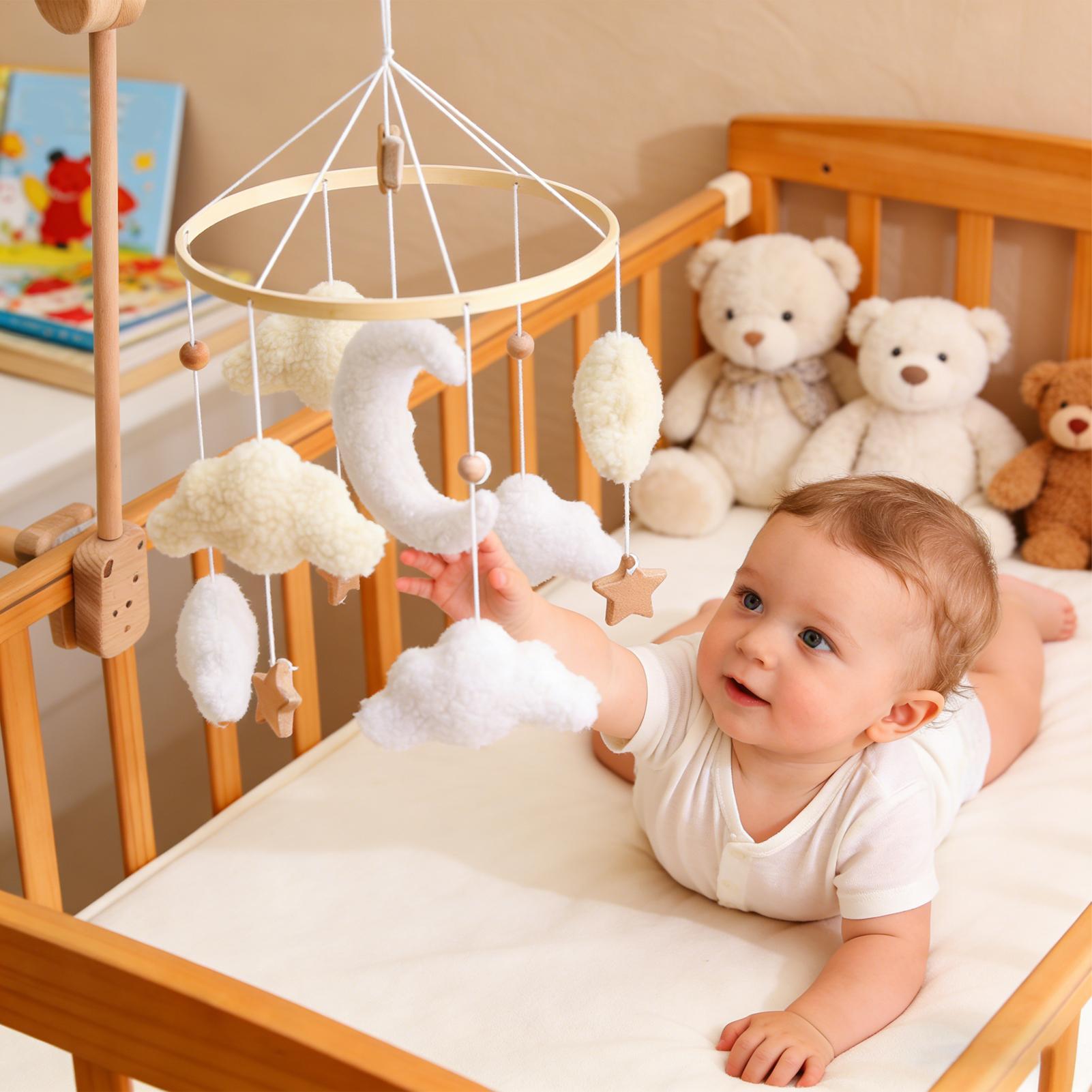 Baby Nursery Decor Boy - Drewniana karuzela do łóżeczka dziecięcego, grzechotka,