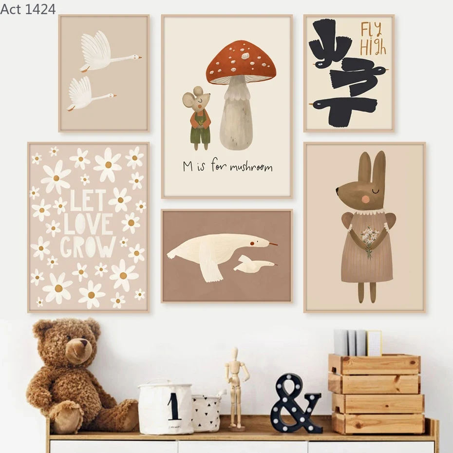 Baby Nursery Frames - Boho Kreskówkowe Plakaty z Królikiem, Myszką