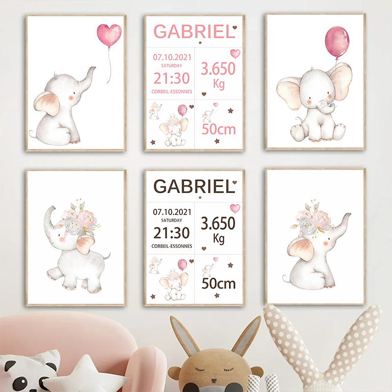 Pink Baby Customized Name Date – Baby Nursery Elephant recenzja i cena